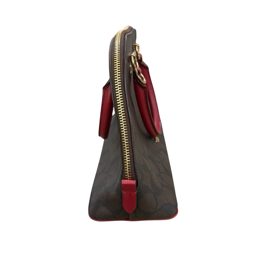 COACH Brown Signature Dome Satchel with Red Handles - Picture 5 of 12